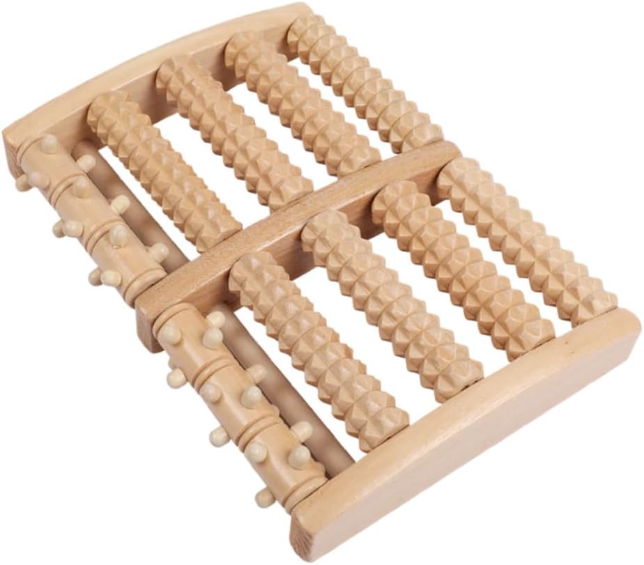 Wooden Foot Massager Roller Acupuncture Point Massager with 5 Rows of Beads for Plantar Relief and Relaxation, Manual Foot Massage Tool for Home Use by Men and Women