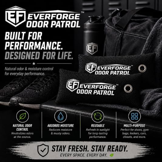 EverForge Odor Patrol Charcoal Deodorizer Bags, Natural Odor Absorber for Shoes & Sneakers, Gym Bags, Lockers, Sports Gear, & Cars, Activated Charcoal, 2-Pack, Unscented