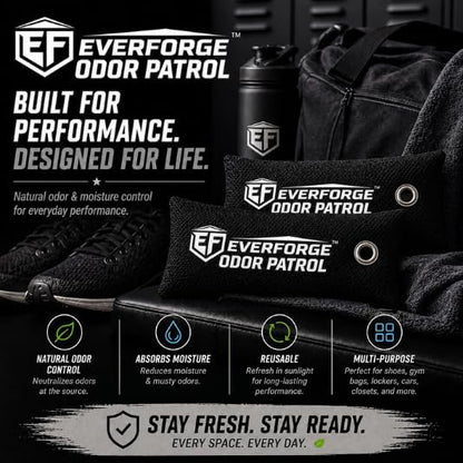 EverForge Odor Patrol Charcoal Deodorizer Bags, Natural Odor Absorber for Shoes & Sneakers, Gym Bags, Lockers, Sports Gear, & Cars, Activated Charcoal, 2-Pack, Unscented