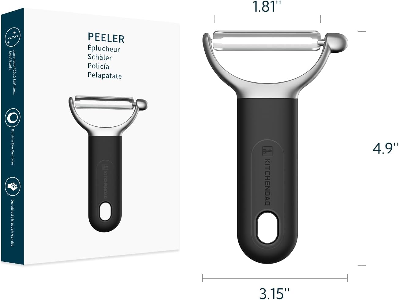 KITCHENDAO Swivel Vegetable Potato Peeler for Kitchen, Japanese Stainless Steel Sharp Blade, Heavy Duty Die-cast Construction Y Peeler, Built-in Eye Remover, Soft-touch Handle, Dishwasher Safe, Black