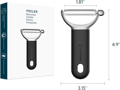 KITCHENDAO Swivel Vegetable Potato Peeler for Kitchen, Japanese Stainless Steel Sharp Blade, Heavy Duty Die-cast Construction Y Peeler, Built-in Eye Remover, Soft-touch Handle, Dishwasher Safe, Black