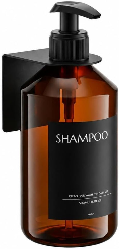 Shampoo and Conditioner Dispenser Set of 3 for Wall Mount | 16.9 fl oz Drill Free Shower Soap Bottles,Refillable Body Wash Dispensers for Bathroom Decor (Amber Bottles + Bamboo Pumps)