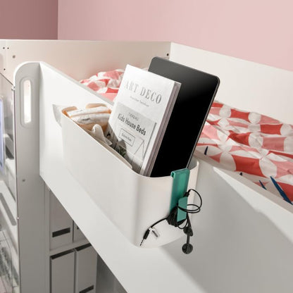 Bedside Hanging Caddy Hanging Storage Shelf Organizer Bed Organizer Basket Accessories with 2 Hooks for Baby Bed Rails Shelves Holder Dormitory College Dorm Room (White)