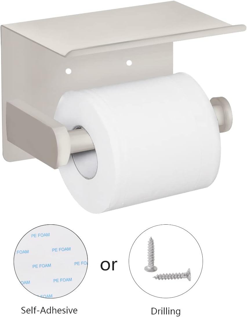 VAEHOLD Self Adhesive Toilet Paper Holder with Phone Shelf Stainless Steel Wall Mounted Toilet Paper Roll Holder - Rustproof and Bathroom Washroom Tissue Roll Holder with Shelf - Black