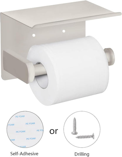 VAEHOLD Self Adhesive Toilet Paper Holder with Phone Shelf Stainless Steel Wall Mounted Toilet Paper Roll Holder - Rustproof and Bathroom Washroom Tissue Roll Holder with Shelf - Black