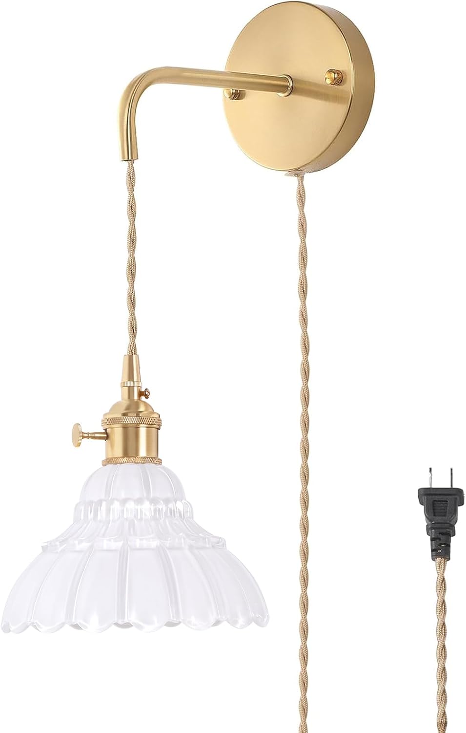 Shenmoyl Battery Operated Wall Sconce Wall Lamp with Green Lily of the Valley Shade Pattern Glass Adjustable Chain Retro Gold Wall Mounted Light, Modern Wall Lamp Fixtures Decor for Bedside Bedroom