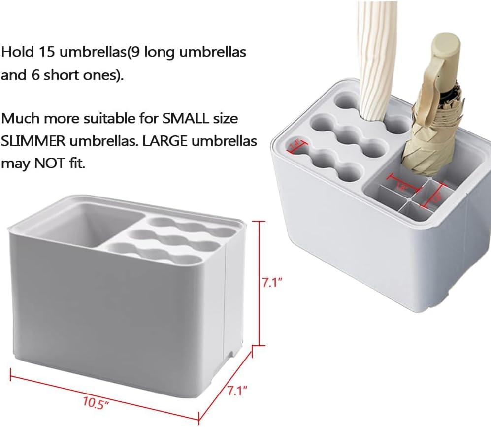 Umbrella Stand Holder with Drip Tray, 15-Slot Entryway Umbrella Organizer | Unlike Open Bins: 9 Round + 6 Square Slots Keep Umbrellas Separate and Upright; Removable Drip Tray; Compact Corner Design