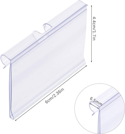 Meetory 50 PCS Clear Plastic Label Holders for Wire Shelf Retail Price Label, Basket Bin Labels Clip On, Labels for Storage Bins, Merchandise Sign Display Holder for Supermarket,Label Papers Included