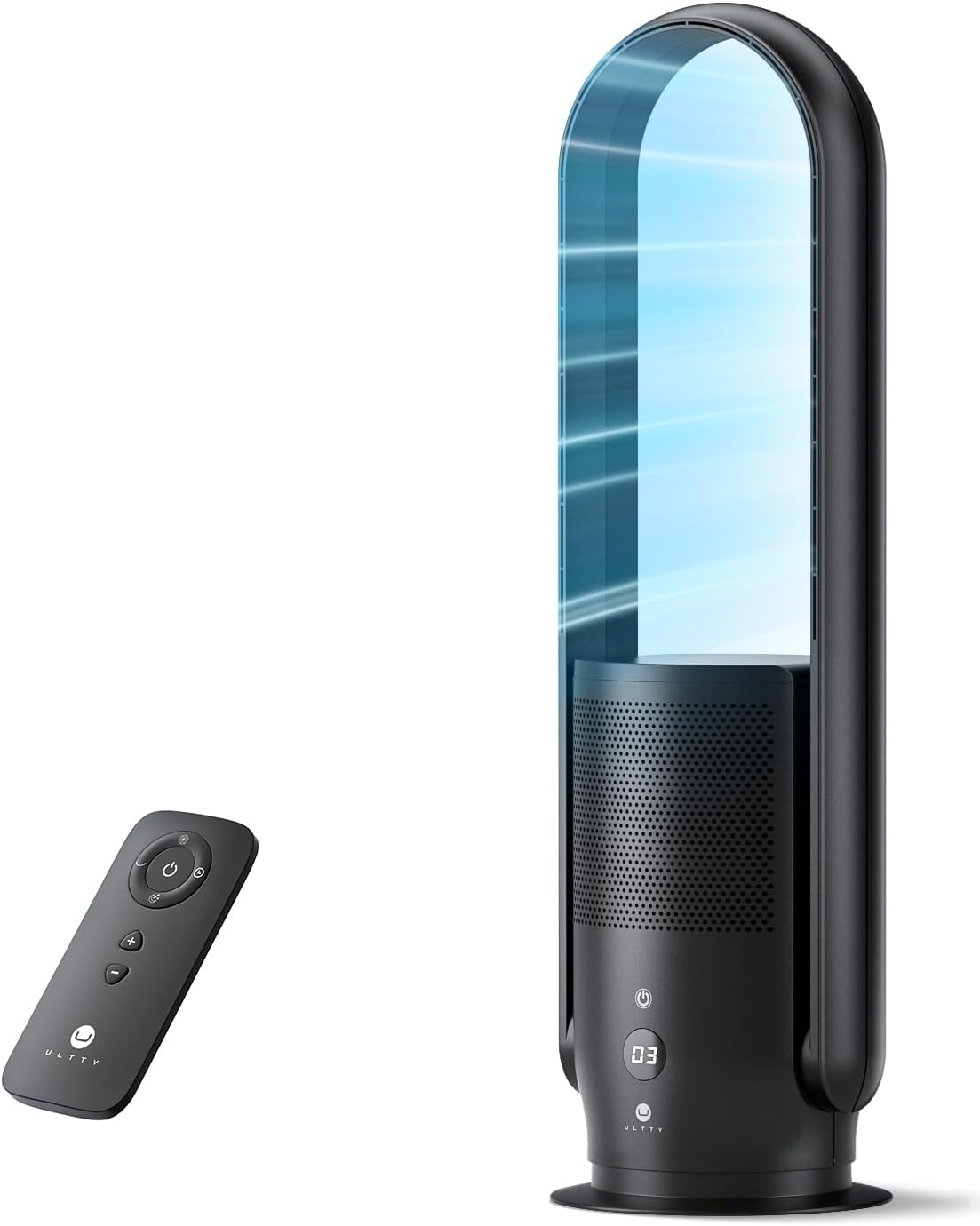ULTTY Bladeless Tower Fan and Air Purifier Combo, Quiet Oscillating Fan with Remote & Touch Control, 9 Speeds, 8H Timer, HEPA Air Filter, Safe Floor Fan for Bedroom Home Office Black, 23.5"inch