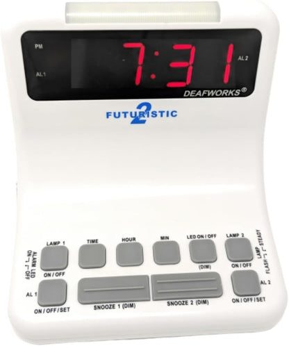 Futuristic 2 Silent Alarm Clock with Bright Flashing LED Lights for Deaf, Hard of Hearing, Heavy Sleepers | Dual Alarms, Built-in USB Chargers | Wake Up Gently