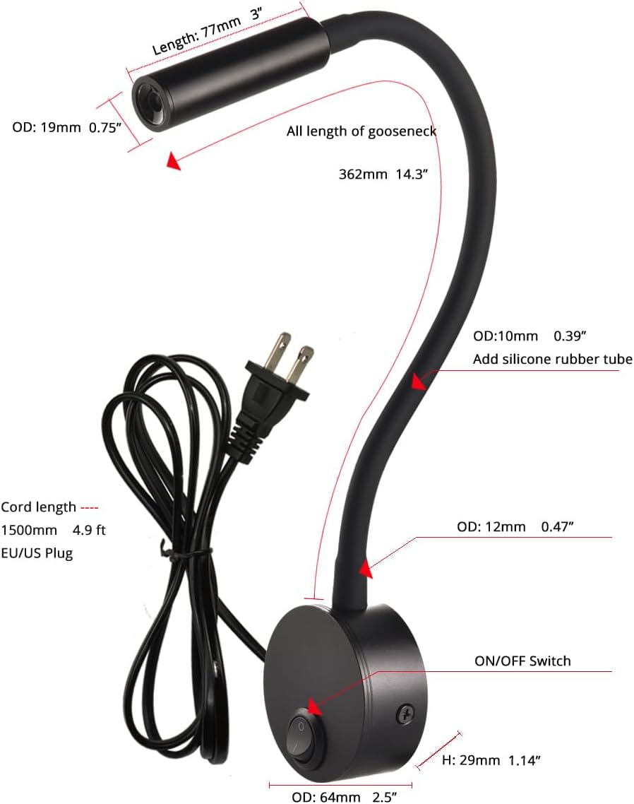 Wall Mounted LED Reading Lamp Focused 25° Spotlight for Bedroom headboard Marine Cabin Boat Yacht Interior Light Hotel Suite Hospital Patient Room Bedside Sconce 4.92ft Cord