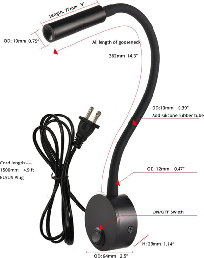 Wall Mounted LED Reading Lamp Focused 25° Spotlight for Bedroom headboard Marine Cabin Boat Yacht Interior Light Hotel Suite Hospital Patient Room Bedside Sconce 4.92ft Cord