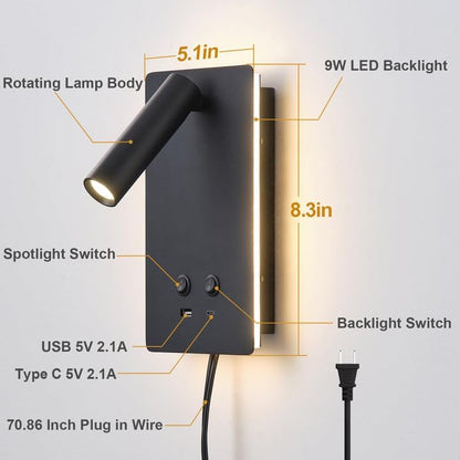 MOLUOLA LED Wall Lamp Wall Mounted Reading Lights, Adjustable Headboard Plug in Wall Sconce with USB C+A Ports, Headboard Bedside Lamp with 9W+3W Night Light 3000K (White)