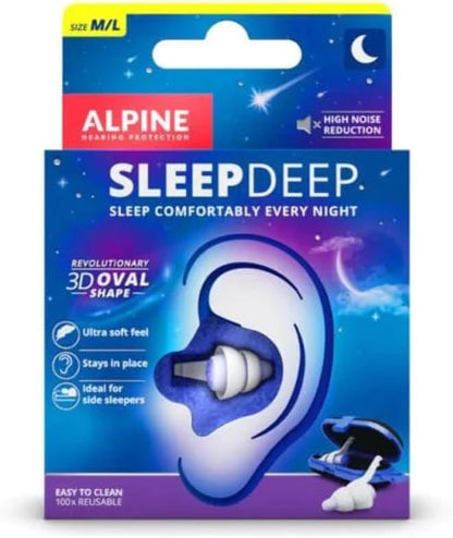 Alpine SleepDeep Earplugs for Sleeping – Side Sleepers & Snoring – Ultra-Soft Noise Reducing Earplugs – 27dB SNR – Hypoallergenic, Silicone-Free – 2 Pairs (S + L)