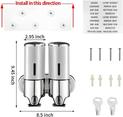 3 in 1 Chamber Wall Mounted Shampoo and Conditioner Dispenser (Silver) | No Drill Shower Soap Dispenser for Bathroom & Hotel Leak-Proof Pumps, Easy Installation and Large Capacity