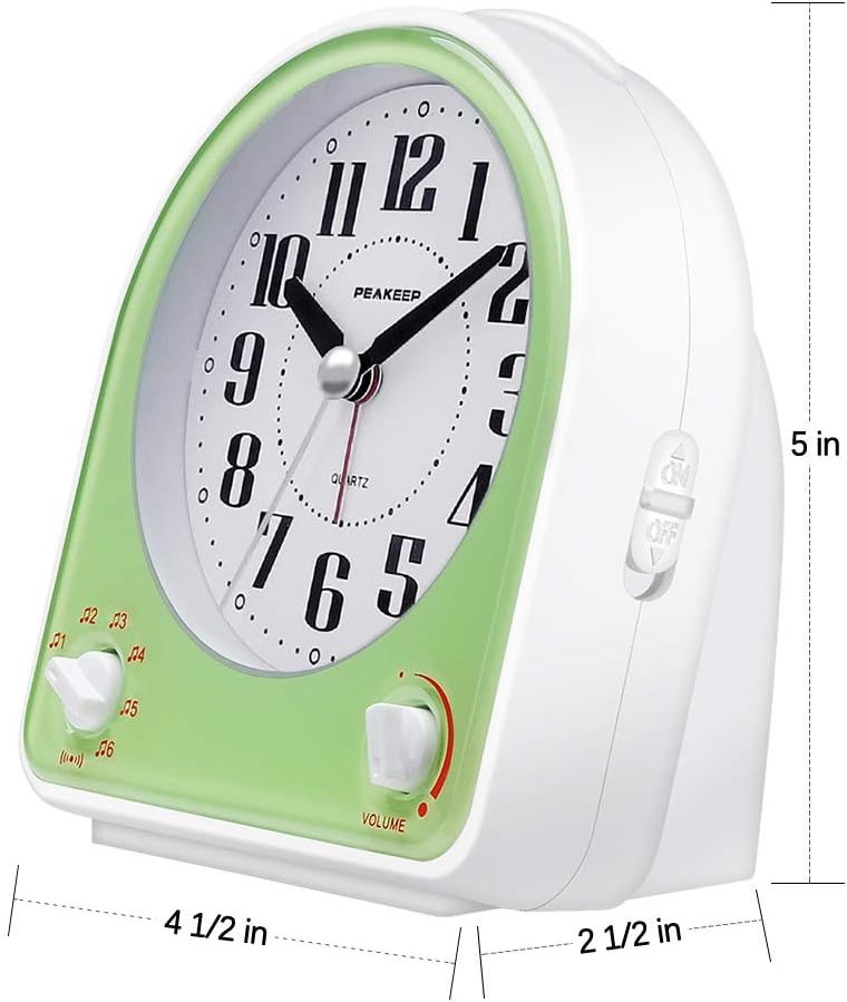 Peakeep Analog Alarm Clock Non-Ticking Silent, 7 Wake-up Sounds | with Volume Control, Nightlight and Snooze, AA Battery Operated (Black)