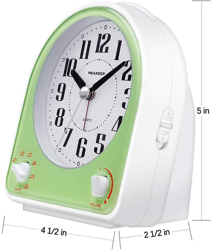 Peakeep Analog Alarm Clock Non-Ticking Silent, 7 Wake-up Sounds | with Volume Control, Nightlight and Snooze, AA Battery Operated (Black)