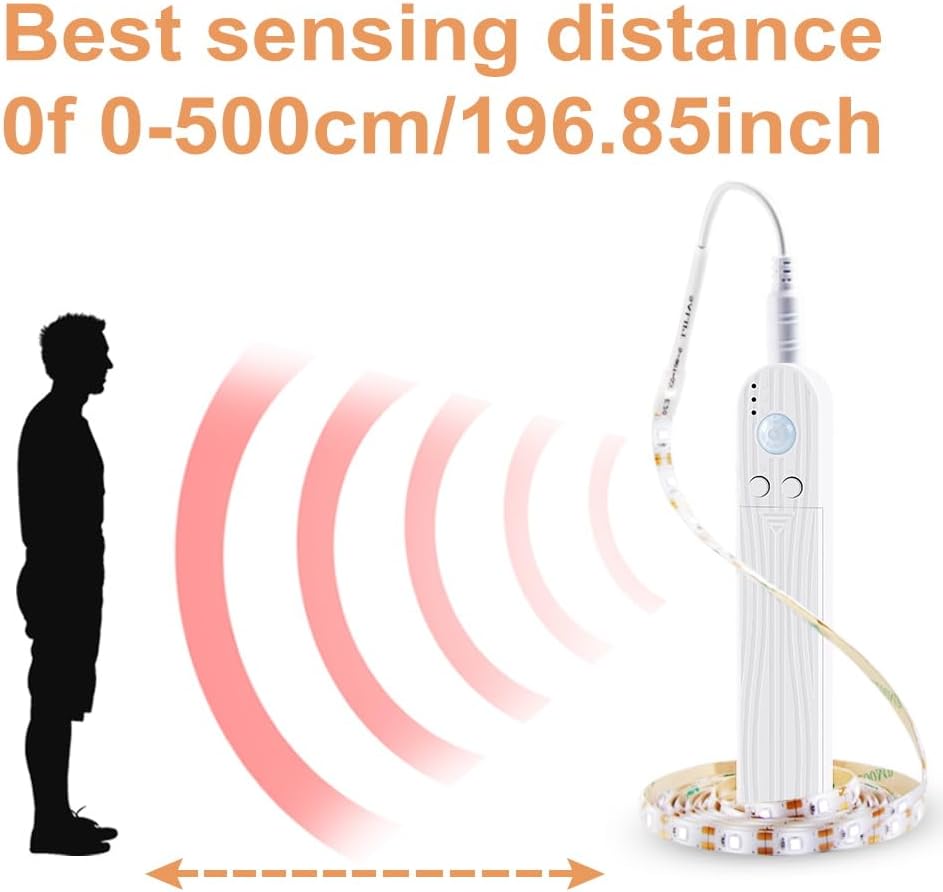 39.37in Wireless PIR LED Strip Light Motion Sensor Tape Light 3 Lighting Modes LED Under Cabinet Lamp 3000K Warm White Waterproof Dimmable Bedroom Nightlight for Room Decor TV Backlight（No Battery）