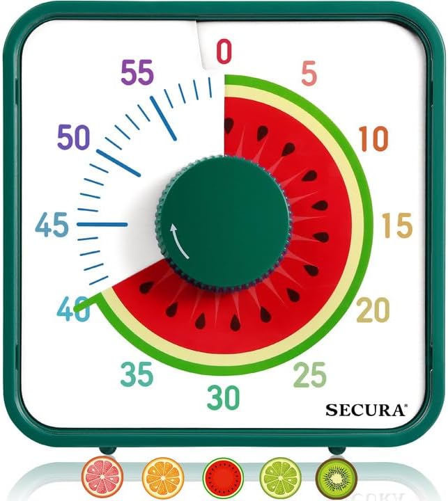 Secura 7.5-Inch Fruit Visual Timer for Kids, 60-Minute Countdown Timer for Classroom or Kitchen, Durable Mechanical Timer Clock with Magnetic Backing (Orange)