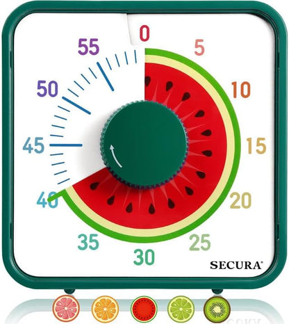 Secura 7.5-Inch Fruit Visual Timer for Kids, 60-Minute Countdown Timer for Classroom or Kitchen, Durable Mechanical Timer Clock with Magnetic Backing (Orange)