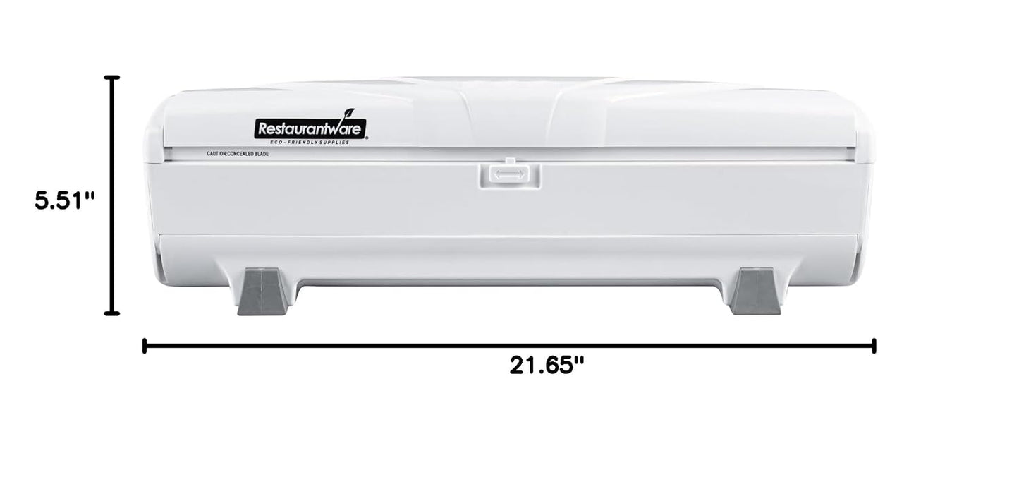 Restaurantware-Chef 101 Food Wrap Dispenser with Cutter, 1 Refillable Cling Wrap Dispenser - Fits 12” to 18” x 1000’ Rolls, Press Down and Cut, White Plastic Aluminum Foil, Sharp Blade