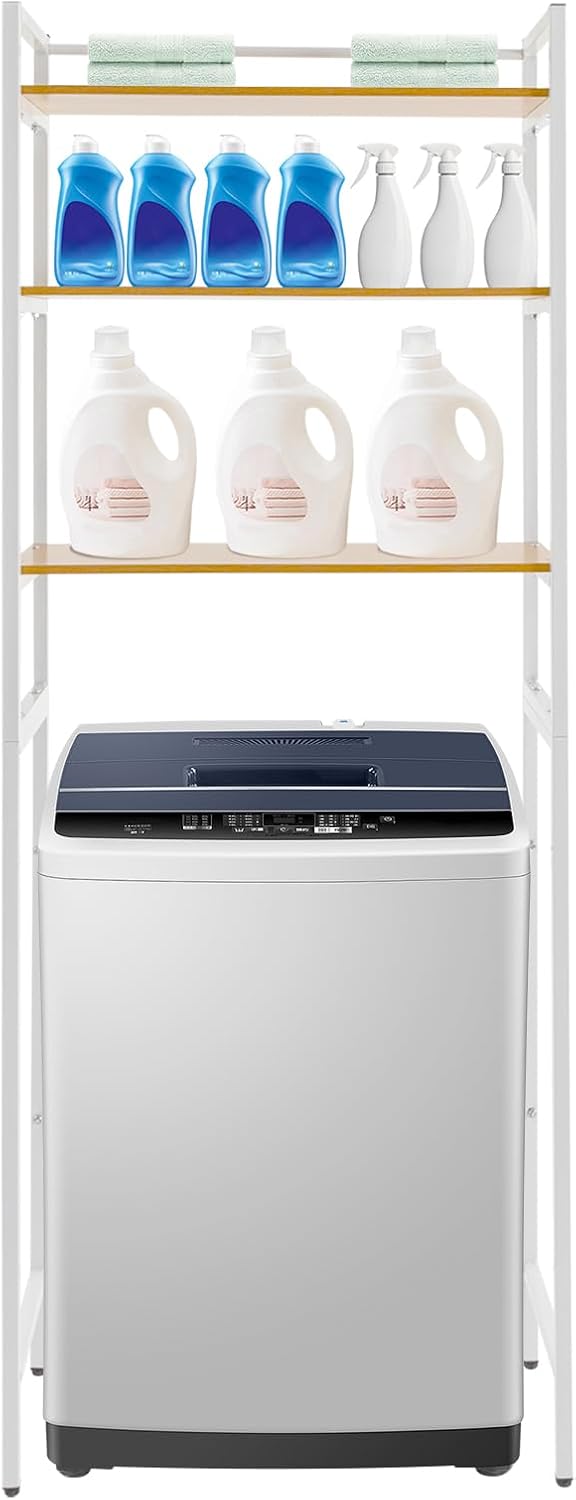 3-Tier Laundry Room Storage Shelf,Over Washer and Dryer Shelves,Floor Standing Washing Machine Storage Rack,White,Marbling