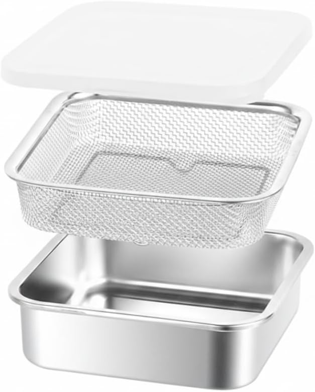 Square Strainer, 3PCS/Set Fruit Storage Containers For Fridge, 304 Stainless Steel Square Strainer With Lid, Lettuce Keeper & Dish, 1500ml, Fruit Storage Containers For Fridge