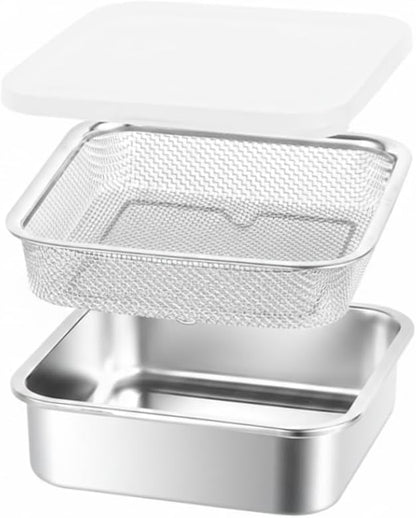 Square Strainer, 3PCS/Set Fruit Storage Containers For Fridge, 304 Stainless Steel Square Strainer With Lid, Lettuce Keeper & Dish, 1500ml, Fruit Storage Containers For Fridge