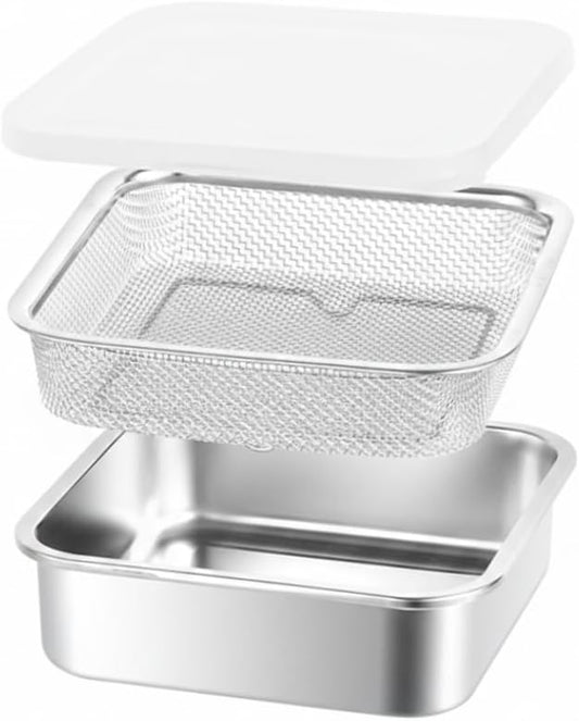Square Strainer, 3PCS/Set Fruit Storage Containers For Fridge, 304 Stainless Steel Square Strainer With Lid, Lettuce Keeper & Dish, 1500ml, Fruit Storage Containers For Fridge