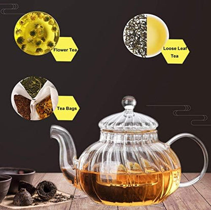 Glass Filtering Tea Maker Teapot with a Warmer and 6 Double-walled Tea Cups Set (Heating base, Standard)