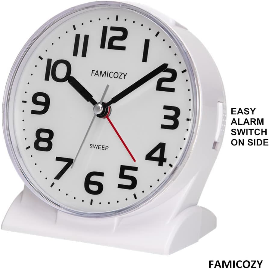 FAMICOZY 4.5" No Ticking Analog Alarm Clock,Silent Readable for Seniors,Easy to Set,Gradual Rise Alarm,Big Numbers,On/Off Switch on Side,Gentle Wake,Snooze Soft Backlight,Battery Operated,Black
