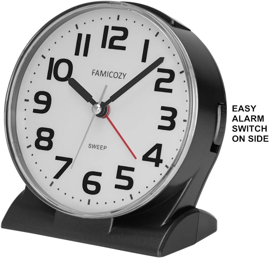 FAMICOZY 4.5" No Ticking Analog Alarm Clock,Silent Readable for Seniors,Easy to Set,Gradual Rise Alarm,Big Numbers,On/Off Switch on Side,Gentle Wake,Snooze Soft Backlight,Battery Operated,Black