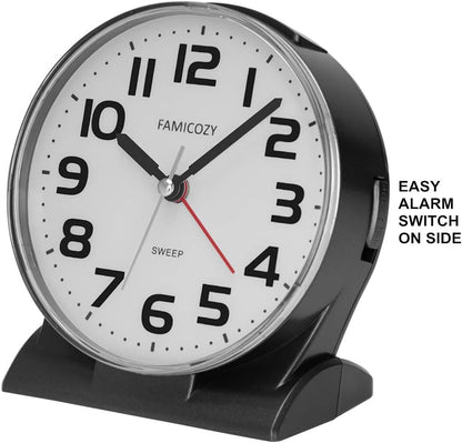 FAMICOZY 4.5" No Ticking Analog Alarm Clock,Silent Readable for Seniors,Easy to Set,Gradual Rise Alarm,Big Numbers,On/Off Switch on Side,Gentle Wake,Snooze Soft Backlight,Battery Operated,Black