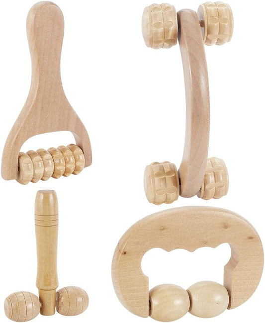 AHANDMAKER 4Pcs Massage Tool Set 4 Styles Wooden Gua Sha Tool, T-Shape Massage Roller, Therapy Trigger Point Massage Tool for Body, Face, Shoulder, Arm, Leg, Foot, Almond White