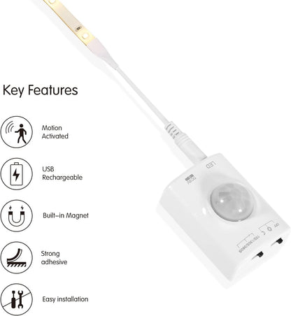 Rechargeable Under Cabinet Lighting, 2M Motion Sensor LED Light Strip, 6000K Cold White Night Light for Closet, Stairway, Stairs, Counter, Kitchen Cupboard, Bedroom, Bathroom