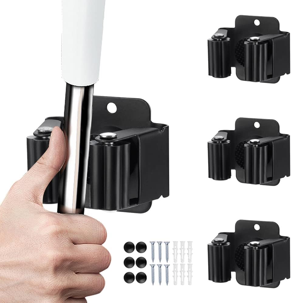 JAMEND CLXP 6PCS Broom and Mop Holder, Heavy Duty Garden Tool Organizer Rack Rake and Shovel Handle, Stainless Steel Mop Hanger. Screws for Wall Mounted. Matte Black