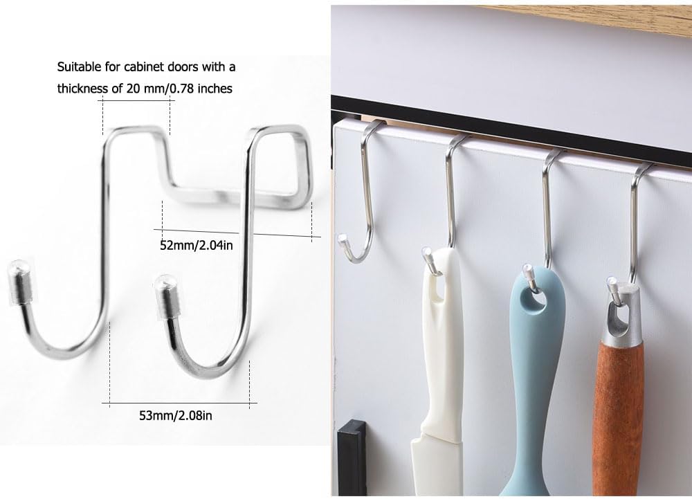 4 Pack Shower Door Hooks Stainless Steel Double Hooks Towel Hook Bathroom Squeegee Holder Over Glass Door Hook for Bathroom Semi-Frameless Sliding Shower Door Soap Saver Bag Pouch