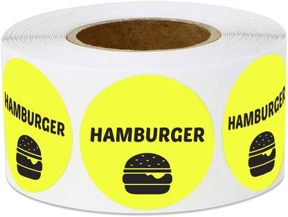 Hamburger Stickers, 1" Round, Yellow, 600 Count | 2 Rolls of 300, Food Labels, Meat Package Labeling, Deli Pantry Catering, Food Truck Grocery Store