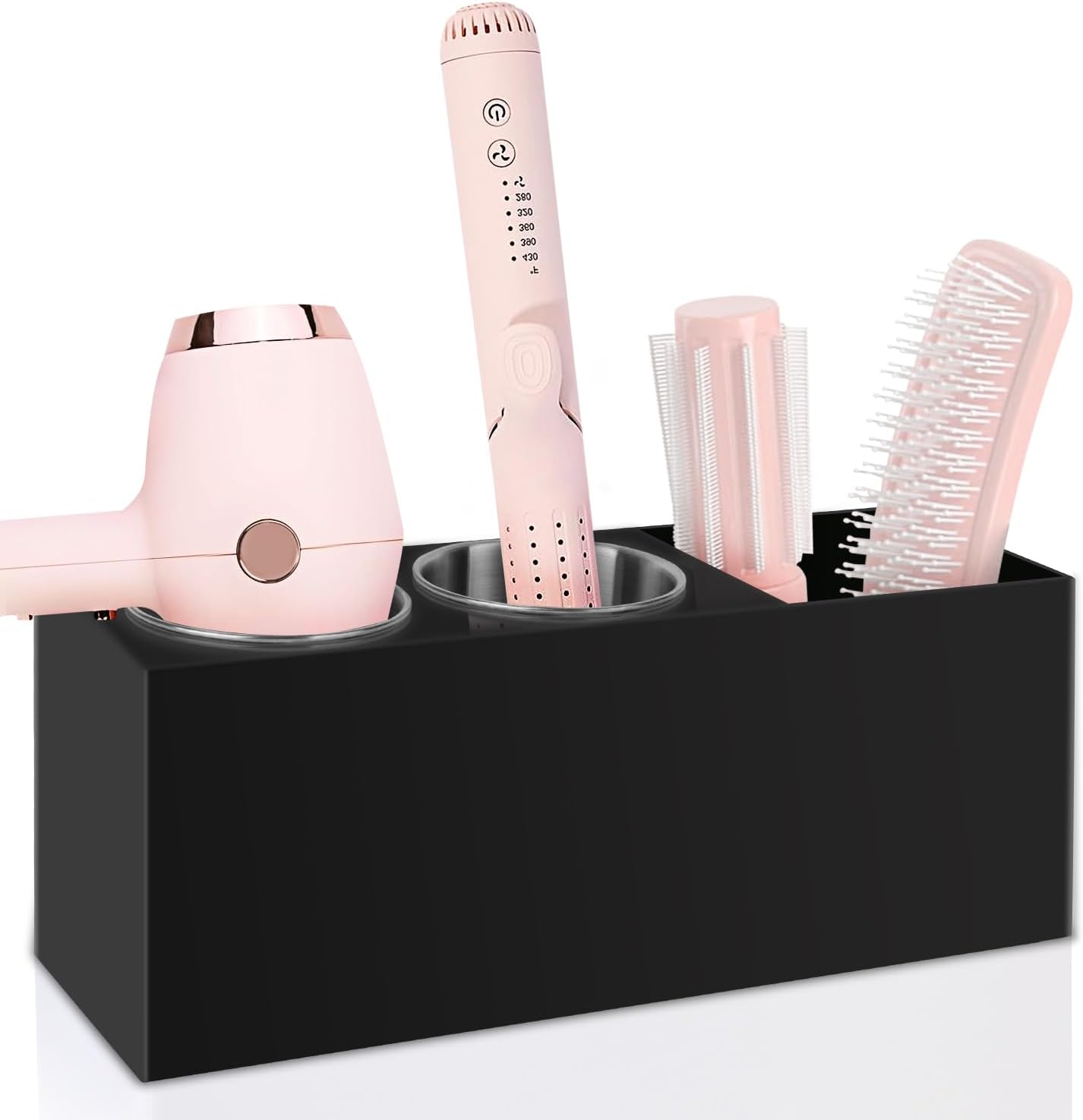 Hair Tool Organizer, Hair Dryer Holder with Heatproof Steel Cups, Acrylic Vanity Organizer for Curling Iron, Flat Iron & Hair Brushes, Perfect for Bathroom (White, Standard)