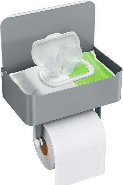 JUYSON Toilet Paper Holder with Shelf, Flushable Wipes Dispenser Fits for Bathroom Wipe Storage, Keep Your Wipes Hidden Out of Sight - SUS304 Stainless Steel Wall Mount Organizer (Matte Black)