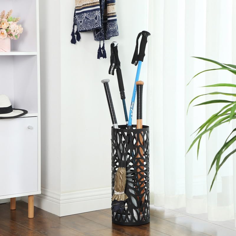 SONGMICS Umbrella Stand, Umbrella Holder for Entryway, Steel Square Umbrella Rack Organizer Freestanding, for Canes Walking Sticks, with a Detachable Drip Tray, 4 Hooks, Black ULUC026B33