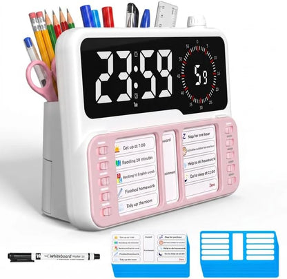 7-in-1 Visual ADHD Timer for Kids with Chore Chart Board, ADHD Tools Schedule for Kids with Autism, Alarm, Countdown, Date, Temperature, Storage, Daily Checklist for Home/School/Classroom/Desk(Pink)