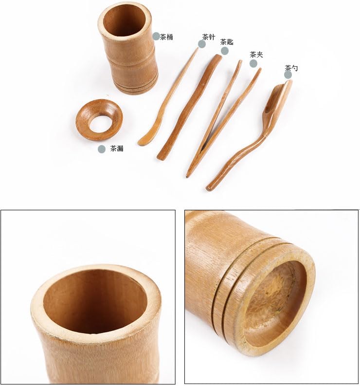 Chadao Tea Ceremony Set, 6-Piece GongFu Tea Bamboo Tools Spoon, Tin Needle Funnel (Square canister)