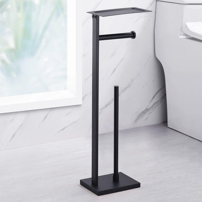 Miyili Matte Black Freestanding Toilet Paper Holder with Shelf, Premium SUS 304 Stainless Steel Bathroom Storage Organizer & Paper Towel Dispenser
