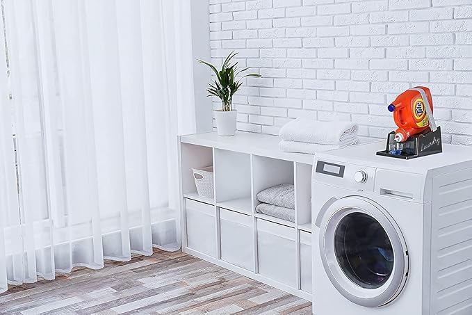 Skywin Liquid Laundry Detergent Holder Stand - 1 Pack - Black with Print | Easy Pouring, Rubber Feet, Angled Stand, Fabric Softener Dispenser for Laundry Room Organization & Storage
