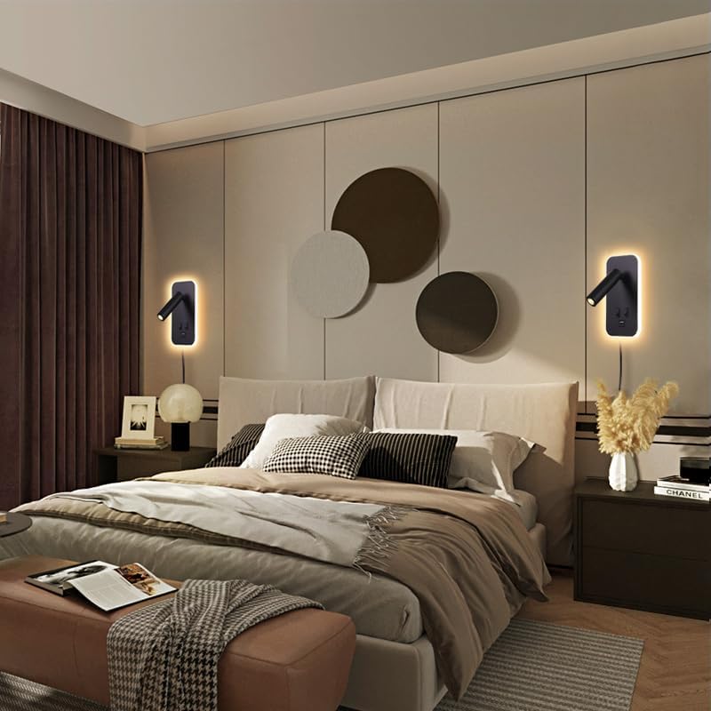 Wall Mounted LED Reading Light for Bed Headboard, Bedside Wall Sconces USB Charging, Night Light for Bedroom, Ambient Lighting Wall Mounted Sconce for Bedroom, Plug-in or Hardwired, Black
