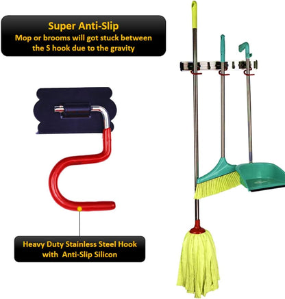 Wall Mounted Mop and Broom Holder Stainless Steel S Type Broom Rack Anti-Slip Mop Organizer (17 Inches,4 Positions 3 Hooks, Red black) (17inch)