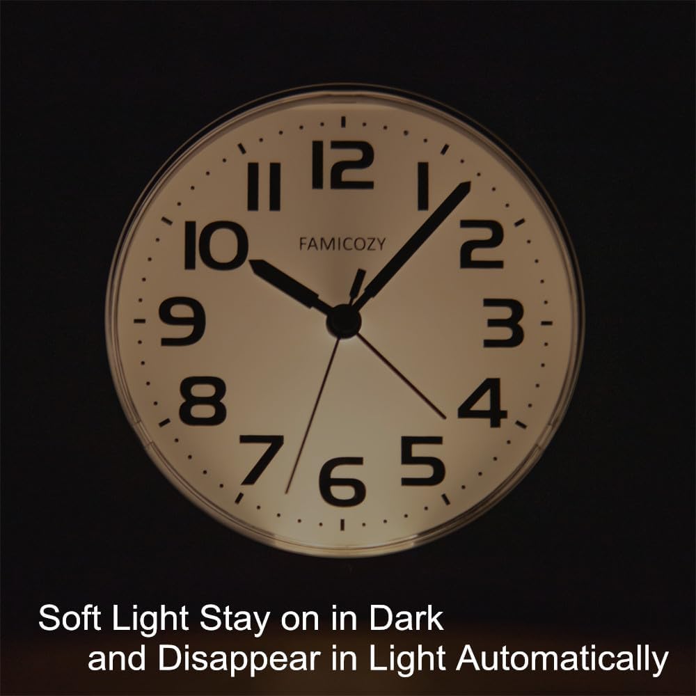 FAMICOZY Automatically Backlighted Alarm Clock,Silent No Ticking for Seniors Vision Impaired,Easy to Set,Big Numbers,Ascending Alarm,Gentle Wake,Snooze,2 AA Battery Operated,Black