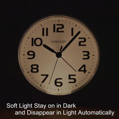 FAMICOZY Automatically Backlighted Alarm Clock,Silent No Ticking for Seniors Vision Impaired,Easy to Set,Big Numbers,Ascending Alarm,Gentle Wake,Snooze,2 AA Battery Operated,Black