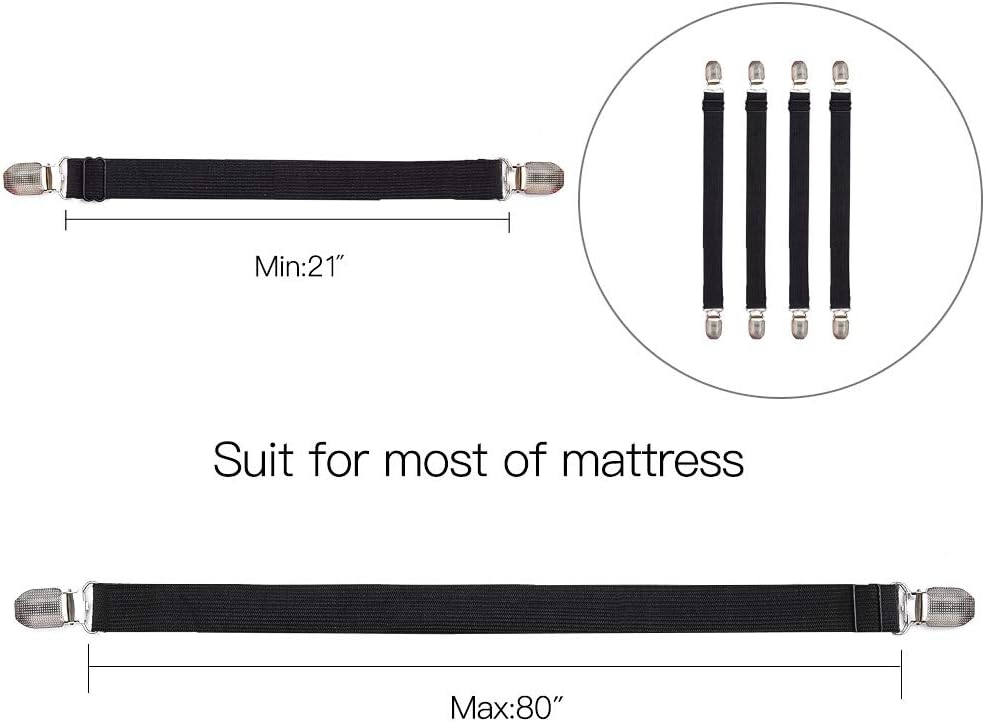 Adjustable Bed Sheet Clips, Sheet Fasteners Holder Straps and Suspender, Gripper, Extend From 21" to 80" Long Style Elastic Fasteners Bands Heavy Duty Suit for Mattress, Sofa, Couch, Recliner and More